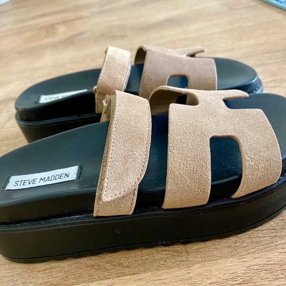 Steve Madden Bigmayven Flatform Slide Sandals in Tan Nubuck - 8M - Picture 3 of 14